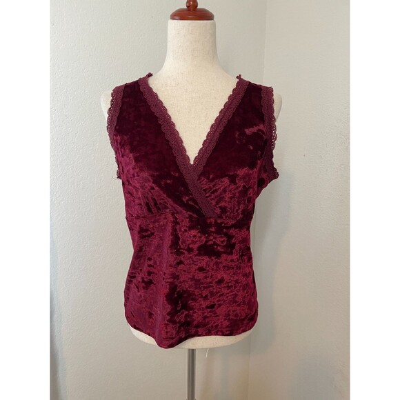 Carolyn Taylor Velvet Lace Trim Tank Top Size Large Burgundy Dark Romantic Y2k - Picture 2 of 8